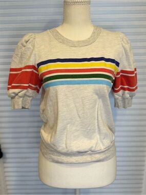 Anthropology T.La Cream Striped Tee with Navy, Yellow & Red Accents CB1059